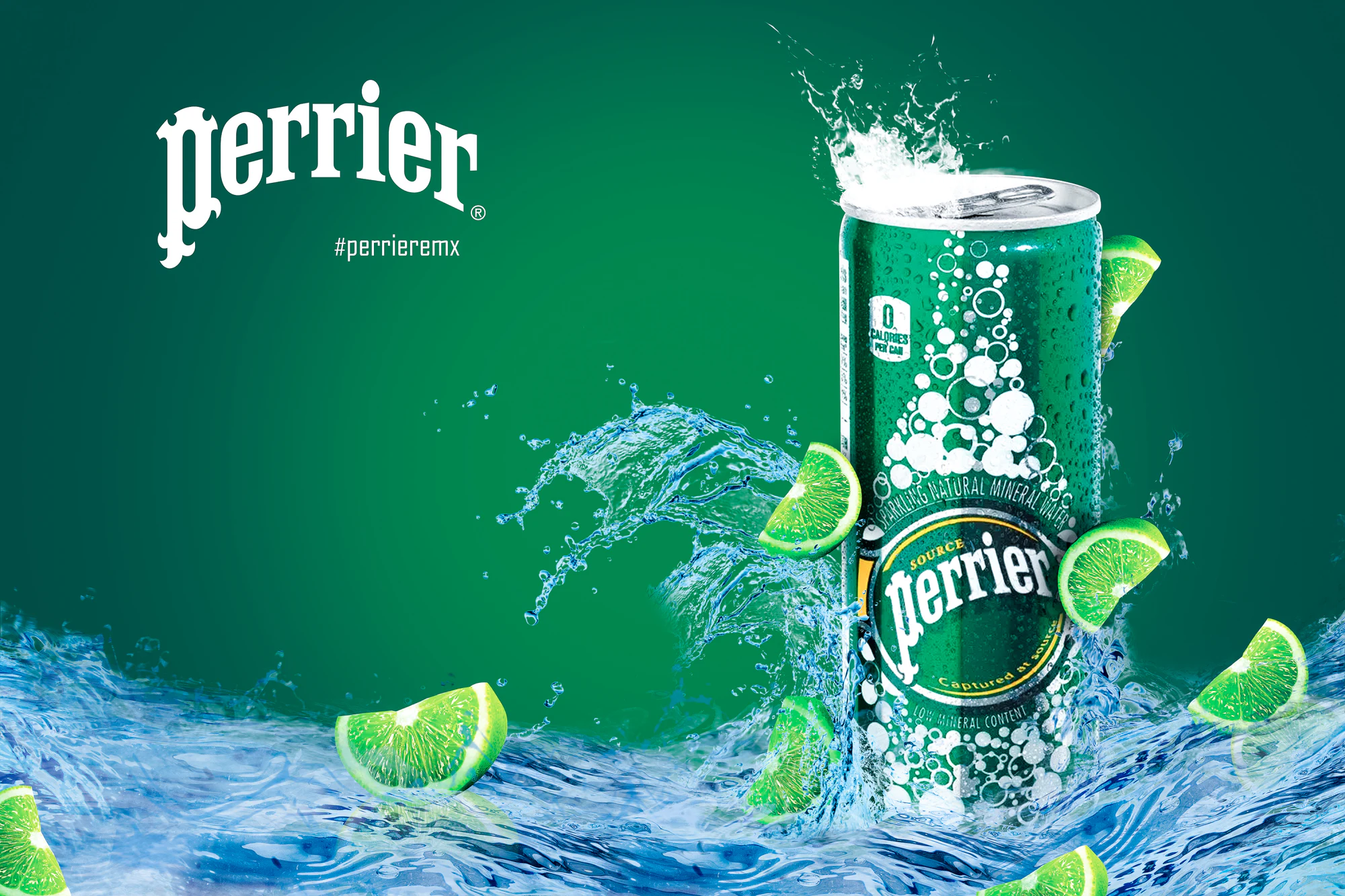Perrier beverage key visual with lime and water splash